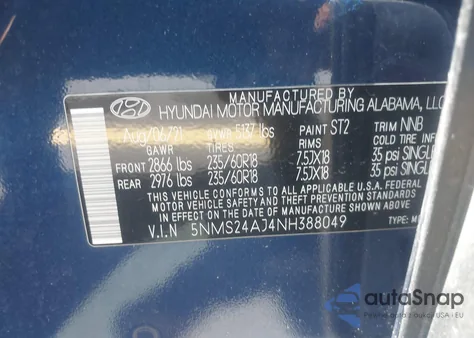 2022 Hyundai Santa Fe Sel z USA, uszkodzony, nr VIN 5NMS24AJ4NH388049